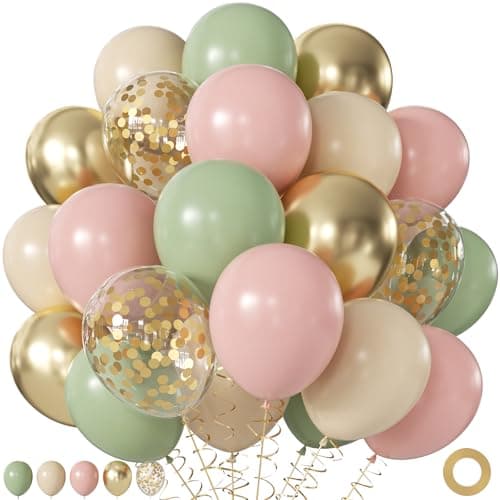 Pink and Green Balloons, 60Pcs 12 Inch Sage Green Pink Sand White Gold Confetti Balloons for Boho Baby Shower Jungle Woodland Floral Fairy Birthday Party Decorations - Image 1