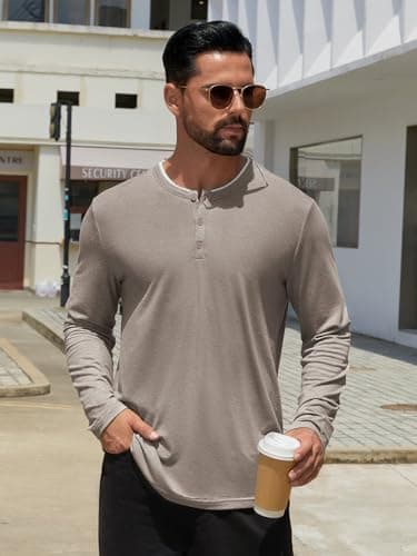 Hardaddy Men's Long Sleeve Henley Shirts Casual Color Block Henley Button T-Shirt Tops Light Khaki XL - Thumbnail 3