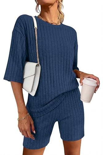 KIRUNDO Short Sets For Women Summer 2 Piece Matching Lounge Sets Casual Rib Knit Tshirts Biker Shorts Beach Vacation Outfits (Blue, X-Large) - Image 1