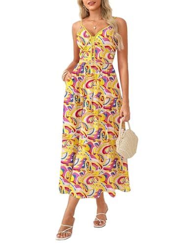 GRACE KARIN Womens Summer Floral Sundresses Spaghetti Strap Maxi Boho Beach Dress Wedding Guest Fashion Clothes with Pockets Rose Yellow Floral XXL - Image 1