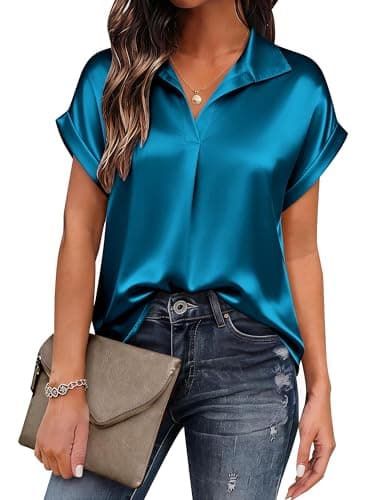 Chulianyouhuo Womens Silk Satin Tops V Neck Dressy Shirts Collared Work Blouse Summer Business Casual Shirt Peacock Blue - Image 1
