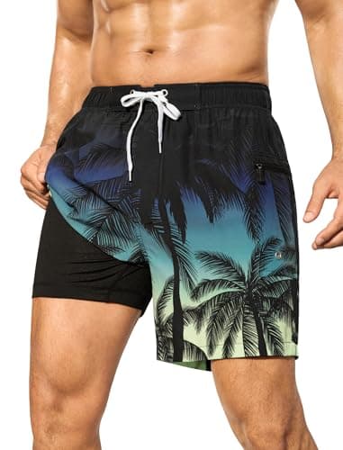 SILKWORLD Tropical Bathing Suits Quick Dry Men Swim Trunks Swimwear Zipper Pocket Swimsuit for Beach, Vacation, Pool, Gradient- Black Green Coconut Tree, Large - Image 1