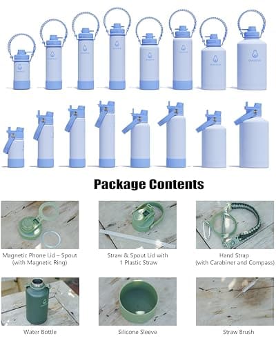 avodvo 32 oz Insulated Water Bottle with 2 Lids (2-in-1 Straw & Spout Lid, Magnetic Lid), Slim Water Bottle with Strap, Stainless Steel Water Bottle for Hiking, Gym, Travel, BPA-Free, Light Blue - Thumbnail 2