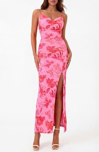 BTFBM Summer Dresses for Women 2026 Bodycon Spaghetti Strap Floral High Split Maxi Cocktail Wedding Guest Dress(Floral Pink Orange Red,Large) - Thumbnail 6