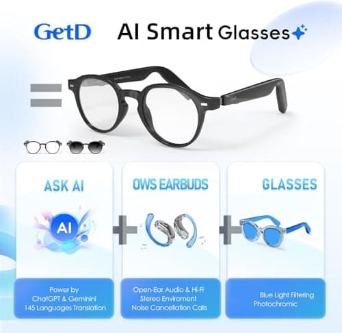GetD 2026 AI Glasses for Men & Women, Smart Glasses Powered by ChatGPT，AI Real-time 145-Language Translation, Bluetooth Glasses with Photochromic Lenses, 11H Music Play for Travel and Daily Use - Thumbnail 3