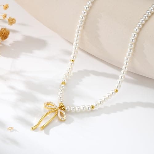 Fimhut Easter Gifts for Kids Girls Easter Basket Stuffers - Bow Necklaces Dainty 14K-Gold-Plated Cute Choker Necklace Fashion Bow Pendant Necklaces Trendy Jewelry Gift for Teenage Girl Women - Thumbnail 3