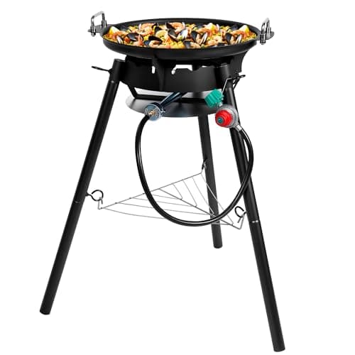 RYHOFOUD Q044-Paella Pan Set with Burner, 16 Inch Carbon Steel Outdoor Pan and Reinforced/Adjustion Legsfor Outdoor Cooking
