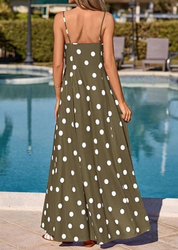 KIRUNDO Boho Maxi Dress for Women Summer Spaghetti Strap V Neck Polka Dot Flowy Long Beach Vacation Sundress with Pockets(Army Green, Small) - Thumbnail 6