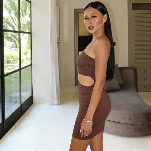 AGVNG Womens Sexy One Shoulder Bodycon Mini Dress Asymmetrical Cut Out Sleeveless Slim Fit Party Club Going Out Short Dresses Brown M - Thumbnail 3