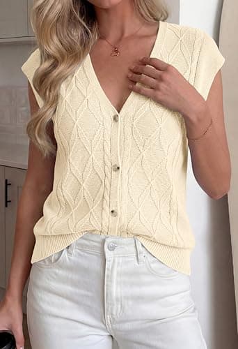 BTFBM Sweater Vest Women V Neck Cap Sleeve Button Down Knit Tops Spring Summer 2026 Loose Lightweight Cardigan Vests(Beige, X-Large) - Thumbnail 2