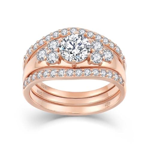 Vinoya 925 Sterling Silver Wedding Rings for Women Cubic Zirconia Rose Gold Plated Rings Three-in-One Engagement Promise Eternity Bands for Bridal Stackable Ring Size 7 - Image 1