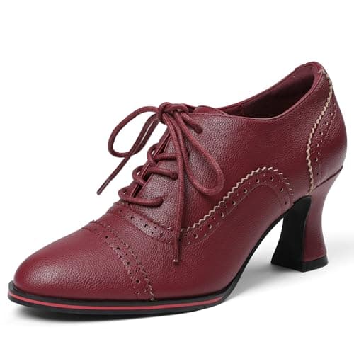 Yremael Women's Red Oxfords Dress Wingtip Vintage Comfortable Chunky High Heel Lace Up Brogues Booties - Image 1