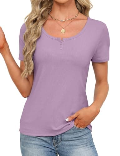 Womens Short Sleeve Tops Stretchy Henley Scoop Neck Fitted Casual Basic Top T-Shirts Ribbed Button Blouses 2026 Summer Trendy Purple S - Thumbnail 4