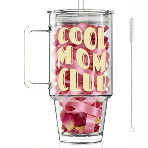 Mothers day gifts 24oz Glass Tumbler with Handle and Leak-Proof Lid,1PCS Cute COOL MOM CLUB Print Glass Cup for Iced Coffee, Tea, Smoothies, Perfect Mama Birthday Gift for Mom from Daughter, Son