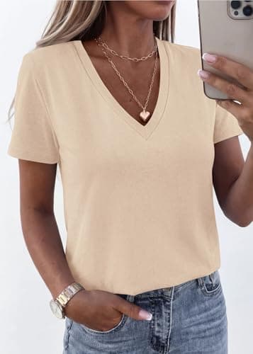 KIRUNDO V Neck T Shirts for Women Summer Tops Oversized Spring Short Sleeve Casual Basic Tees Tunic Blouse Fashion Clothing(Beige Apricot, X-Large) - Thumbnail 2