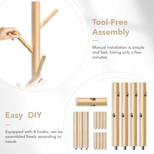 OUTGAVA Wooden Coat Rack Freestanding with 8 Hooks,Easy Assembly New Zealand Pine Tree Coat Racks, 3 Adjustable Sizes for Clothes, Hats, Bags, for Entryway, Hallway, Bedroom, Office (Natural, 1 PC) - Thumbnail 6
