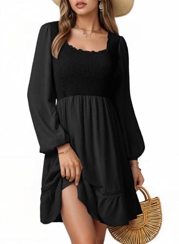 Dokotoo Square Neck Wedding Guest Dresses for Women 2026 Long Lantern Sleeve Black Sundresses Tiered Elastic High Waist A-Line Casual Mini Beach Dress Medium - Image 1