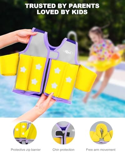 AEOCOO Toddler Swim Vest 20-30-50-70 Pounds, Kids Pool Floaties for 1-2-3-5-7-9 Years Old, Comfortable Wear Bright Float Jacket with Water Ring, Unpadded Side for Arm Comfort, Boys, Girls, Purple - Thumbnail 6