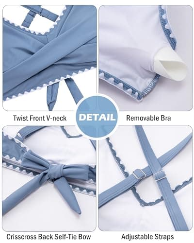 HOZIY Girls Swimwear Kids Contrast Trim Crisscross Bikini Sets Juniors Adjustable Straps Swimsuits Tween V-Neck Bathing Suit Blue Size 9-10 - Thumbnail 4