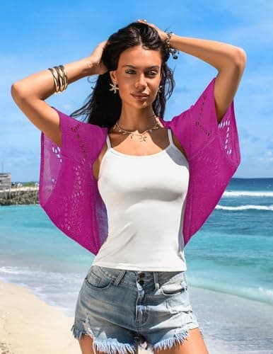 BB&KK Women's Crochet Cardigan Kimono Boho Short Sleeve Lightweight Soft Open Front Knitted Bolero Shrugs S Purple - Thumbnail 3