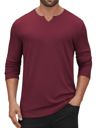 Hardaddy Men's V Neck Long Sleeve Ribbed Casual T-Shirt Classic Basic Solid Tee Shirts Wine Red L - Image 1