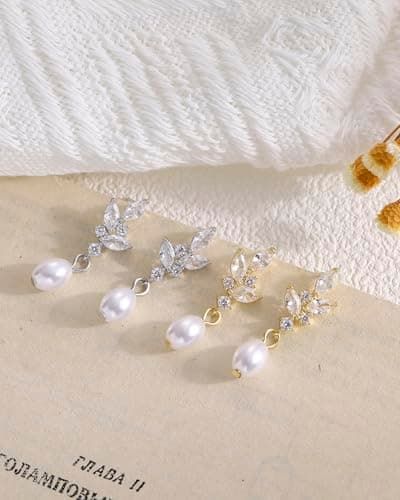 Pearl Earrings for Women, Trendy Silver Pearl Diamond Earrings Bridal Shower Gifts Wedding jewelry for Women - Thumbnail 5