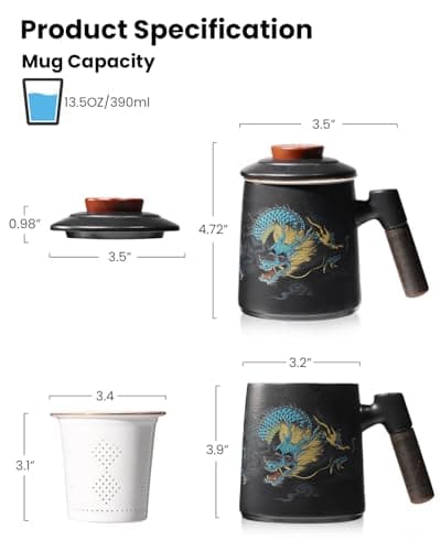 Foinly Ceramic Tea Cup with Infuser and Lid, 13.5 oz Tea Mug for Loose Leaf Tea,Wood Handle,Chinese Dragon Design,All Porcelain Strainer,BPA-Free, Perfect for Tea Lovers/Birthday/Mother's Day (Black） - Thumbnail 4