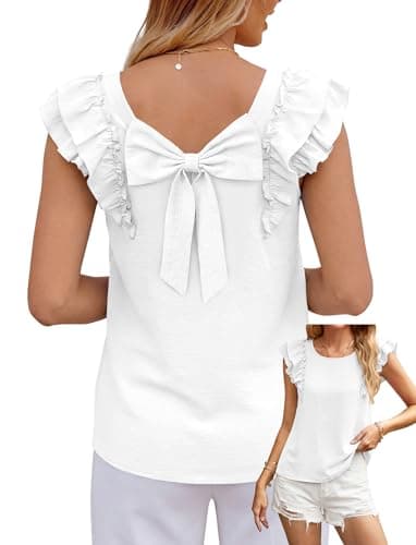 Okiwam Womens Ruffle Short Sleeve Summer Tops Bow Tie Back Blouse Round Neck Cute Babydoll Shirts Spring Summer 2026 Fashion Clothes-S White - Image 1