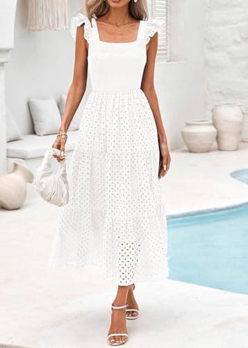 Lazysmile Womens Summer Maxi Dress Square Neck Ruffle Cap Sleeve Hollow Out Eyelet Smocked Tiered A Line Boho Sundress White - Thumbnail 3