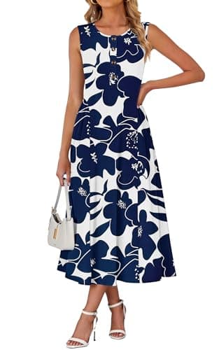 MISFAY Women Summer Casual Sleeveless Maxi Sundress 2026 Button A-Line Flowy Long Dresses Tropical Resort Wear Outfits(White Navy Flower,L) - Image 1