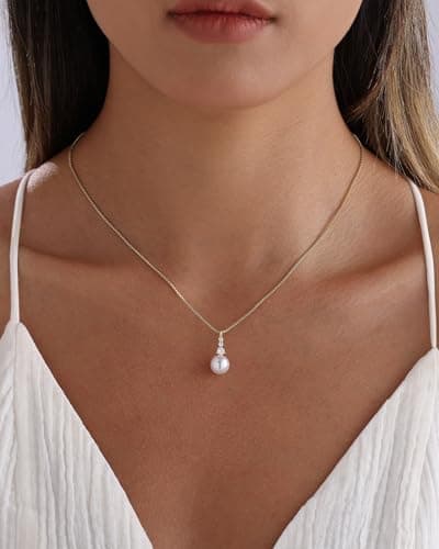 Pearl Necklaces for Women 14k Gold Plated Dainty Pearl Diamond Pendant Necklace Valentine's Day Bridal Bridesmaid Wedding Jewelry Gifts for Women - Thumbnail 2