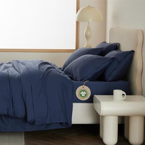 Double Stitch Queen Size Sheet Set,4PCS Soft & Breathable Cotton Organic Cotton Queen Sheet Set,Luxury 300 TC Sateen Weave Bed Sheets,100% GOTS Certified Long Staple Cotton, Navy - Image 1