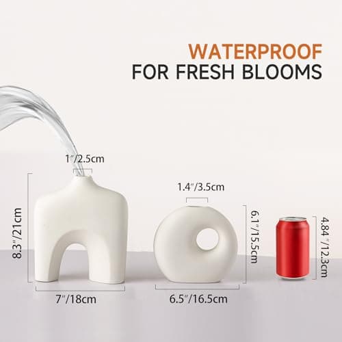 Dobbyby Ceramic Vase Set of 2, Modern Donut Vases for Minimalist Nordic Home Decor, Waterproof Round Vase, Decorative Centerpiece Vases for Living Room, Entryway, Table Decor (02-Matte Cream) - Thumbnail 2