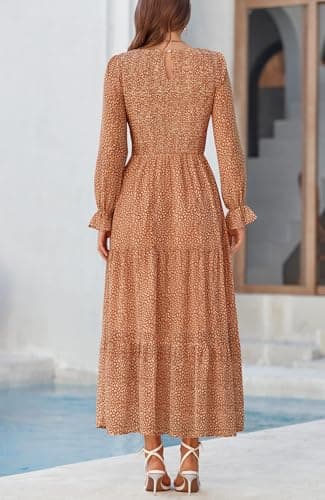 BTFBM Women Casual Long Sleeve Crew Neck Fall Dress Bohemian Relaxed Fit Floral Flowy Maxi Dresses Tiered Cocktail Dress(Floral Brown,Small) - Thumbnail 6