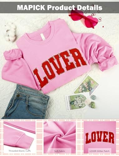 MAPICK Lover Sweatshirts for Women Long Sleeve Sweaters Crewneck Glitter Patch Letter Clothes(Pink, XX-Large) - Thumbnail 5