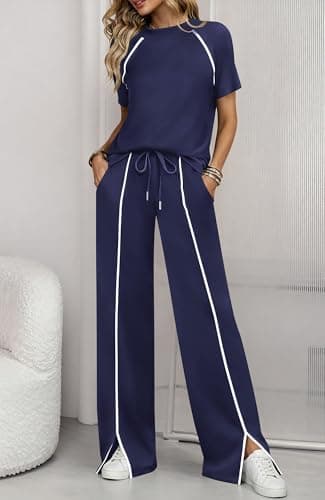 BTFBM Casual Two Piece Sets For Women Summer Outfits Solid Matching Sweatsuit Lounge Set Wide Leg Pants Workout(Navy Blue,Small) - Thumbnail 6