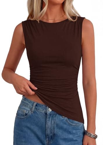 PRETTYGARDEN Asymmetrical Tank Tops for Women 2026 Summer Outfits Slim Fit Sleeveless Boat Neck Ruched Going Out Top (Brown,Small) - Image 1