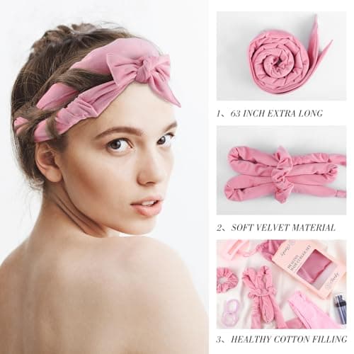 Obeoby Heatless Curls Overnight Set, No Heat Hair Curlers To Sleep In, Hair Rollers with Scrunchies and Clips for Women Long & Short Hair, pink - Thumbnail 3