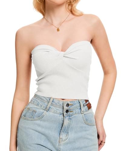 Molirex White Tube Tops for Women Crop Tank Top Summer Y2K Strapless Bandeau Twist Knot Ribbed Knit Beach Vacation Outfits X-Large - Image 1