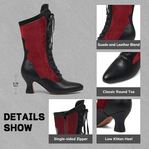 Erocalli Women's Vintage Victorian Boots Winter Mid Calf Lace up Witch Boot - Red, Pointed Toe, Kitten Heel, Halloween, Medieval Costumes, Combat Boots - Thumbnail 6