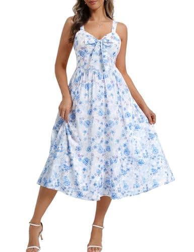Belle Poque Summer Dresses for Women 2026 Tie Front Dress Beach Wedding Guest Dress Floral Sundress with Pockets (Blue,XL) - Image 1