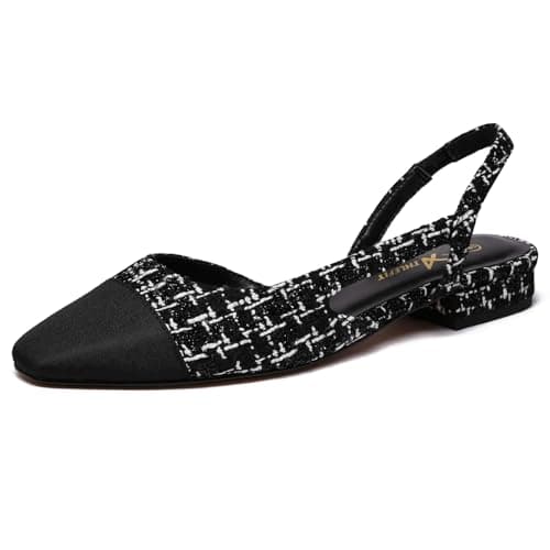 Athlefit Slingback Flats for Women Square Pointed Toe Two Toned Flats Wedding Pumps for Women Black White Thread Size 7 - Image 1