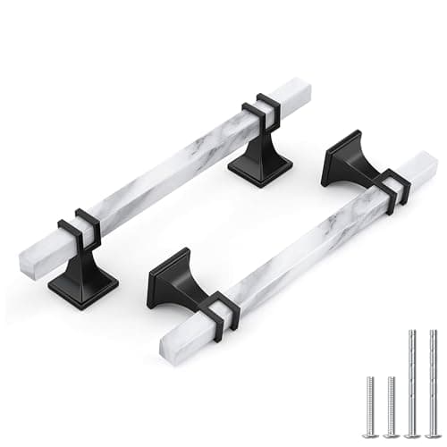 Haliwu 10 Pack White Marble Grain Cabinet Pulls, 5 inch Black Kitchen Handles, 2 Tone Solid Square Dresser and Drawer Hardware - Image 1