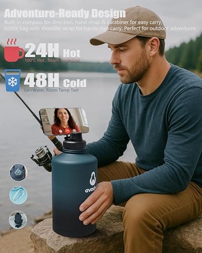 avodvo 64 oz Water Bottle with 2 Lids (2-in-1 Straw & Spout Lid, Magnetic Lid), Insulated Water Bottle with Strap, Stainless Steel Water Bottle for Hiking, Gym, Travel, BPA-Free, Army Green - Thumbnail 5