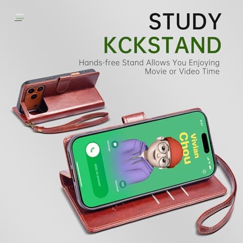 FLIPALM Wallet Case for iPhone 17 Series with Wrist Strap - PU Leather Folio Flip with Credit Card Holder & Kickstand, Protective Cover (Brown, for iPhone 17 Pro Max) - Thumbnail 3