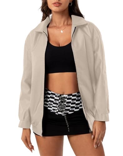 hathne Women's Oversized Leather Jackets Faux Zip Up Fall Fashion Motorcycle Jackets Coats Winter Clothes(Beige,L) - Image 1