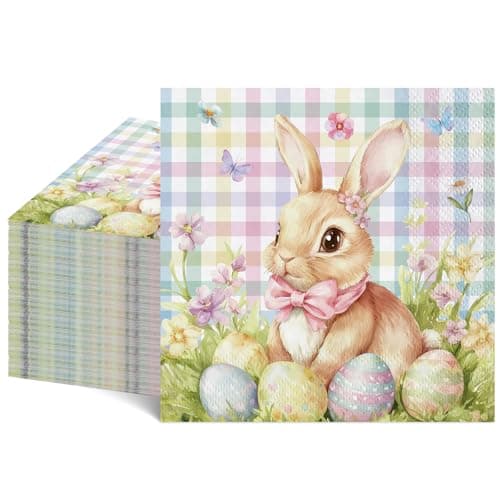 NatNarr 50 Pcs Easter Paper Napkins, 6.5 x 6.5 Inch Cute Bunny Napkins Disposable Pastel Plaid Eggs Easter Cocktail Napkin for Decoupage, Spring Party, Baby Shower - Image 1
