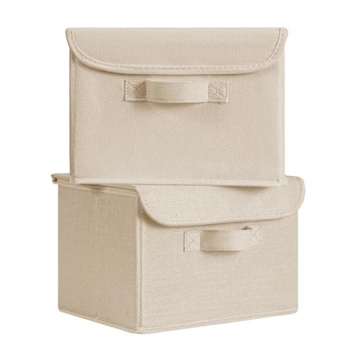 GRANNY SAYS Small Storage Bins with Lids, Small Storage Boxes, Shelf Baskets for Shelf, Collapsible Storage Bins for Living Room, Bedroom, 10x8x7 Inch, Khaki, 2-Pack