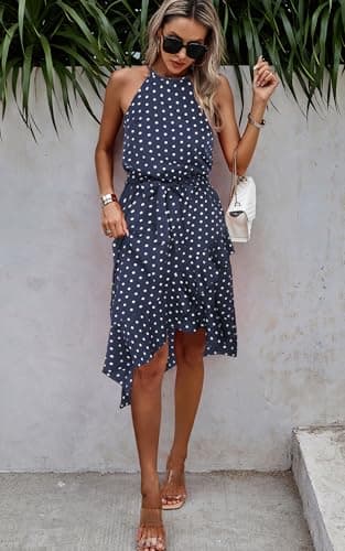 ECOWISH Polka Dot Women Summer Dress Midi A Line Ruffle High Low Sleeveless Boho Floral Halterneck Cocktail Tie Knot Sundress Blue Medium - Thumbnail 5