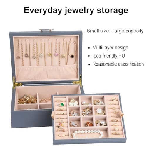 ASINGYER Small Jewelry Organizer for Women, 2-Layer Travel Jewelry Box with Portable Case, Necklace Ring Storage for Dresser, Girls Teens Gifts (Grey) - Thumbnail 3